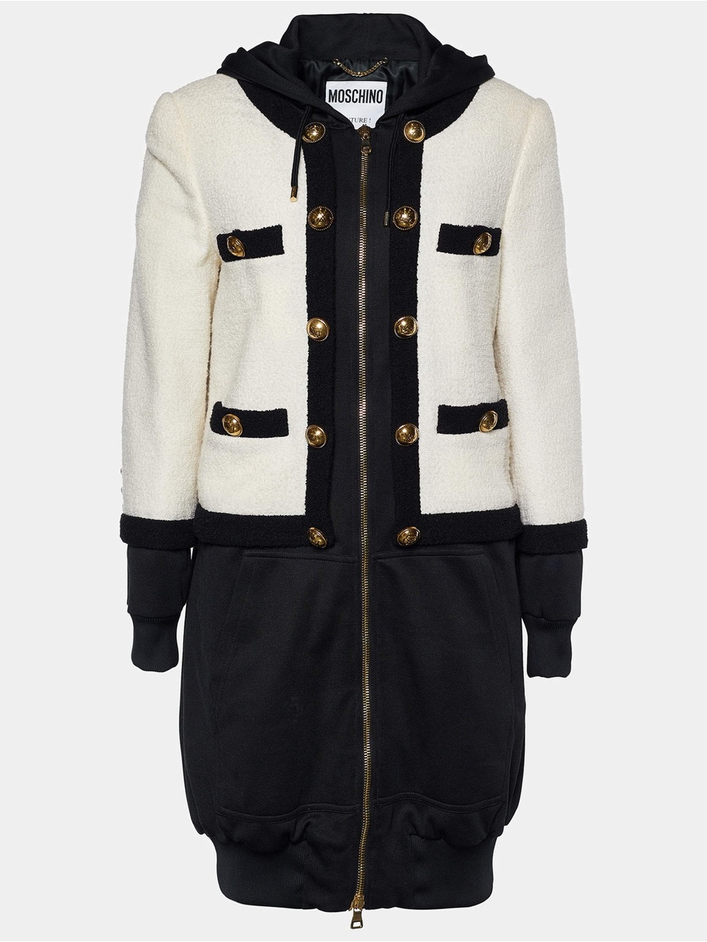 Moschino Couture Monochrome Tweed & Rib Knit Faux Jacket Hoodie Dress